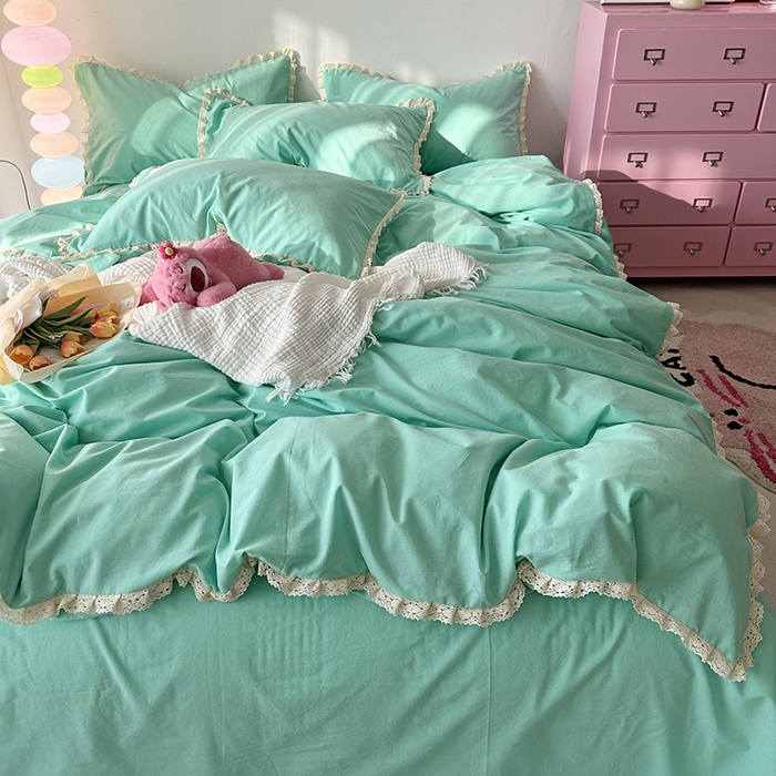 91家纺网 家纺一手货源 找家纺 千朵 2024新款全棉水洗棉四件套 薄荷绿