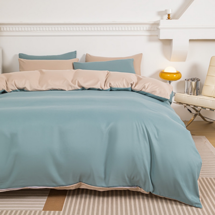 91家纺网 家纺一手货源 找家纺 莎臣豹 2025新款水洗棉磨毛纯色双拼简约风撞色单品被套 豆绿爱上卡其