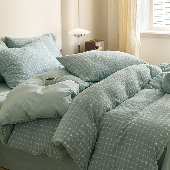 91家纺网 家纺一手货源 找家纺 蜜柚 2024新款全棉色织水洗提花四件套 星空兰