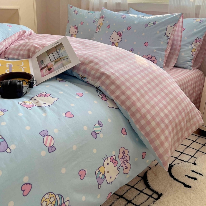 91家纺网 家纺一手货源 找家纺 星座家纺 2025新款40s全棉卡通印花四件套 甜心kt蓝