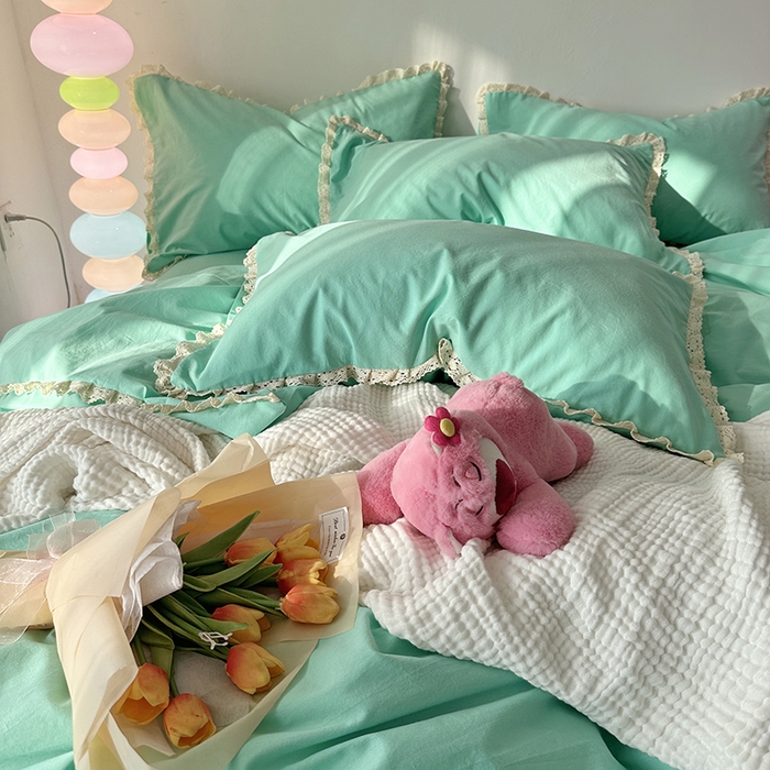 91家纺网 家纺一手货源 找家纺 千朵 2024新款全棉水洗棉四件套 薄荷绿