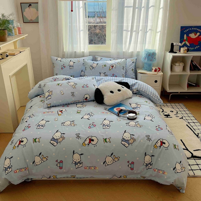 91家纺网 家纺一手货源 找家纺 星座家纺 2025新款40s全棉卡通印花四件套 蓝色帕恰狗