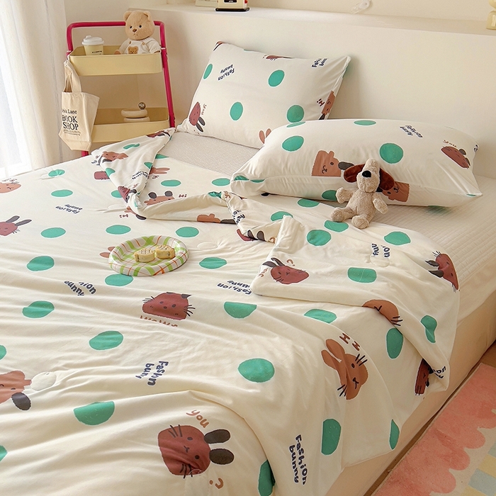 91家纺网 家纺一手货源 找家纺 木堇家居 2024新款10%大豆纤维针织棉夏被 波点兔