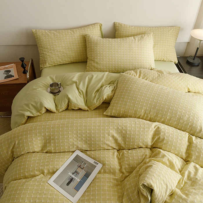 91家纺网 家纺一手货源 找家纺 蜜柚 2024新款全棉色织水洗提花四件套 月光绿