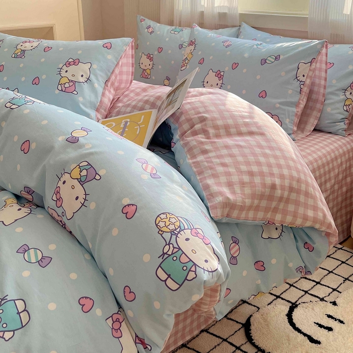 91家纺网 家纺一手货源 找家纺 星座家纺 2025新款40s全棉卡通印花四件套 甜心kt蓝