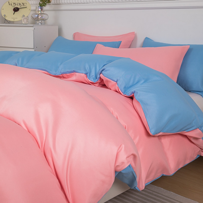 91家纺网 家纺一手货源 找家纺 莎臣豹 2025新款水洗棉磨毛纯色双拼简约风撞色单品被套 公主粉爱上天空蓝