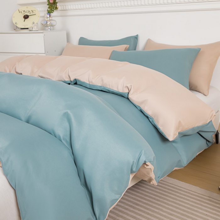 91家纺网 家纺一手货源 找家纺 莎臣豹 2025新款水洗棉磨毛纯色双拼简约风撞色单品被套 豆绿爱上卡其