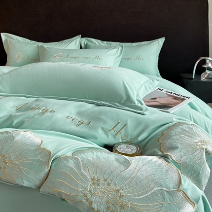 你好美丽 2025新款水洗棉花韵刺绣四件套 花韵绿