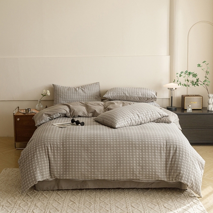 91家纺网 家纺一手货源 找家纺 蜜柚 2024新款全棉色织水洗提花四件套 山灰