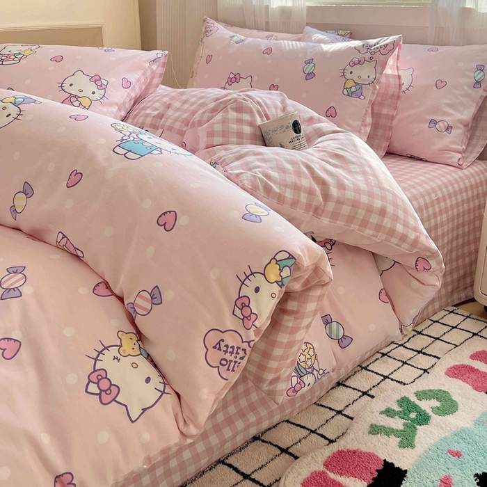 91家纺网 家纺一手货源 找家纺 星座家纺 2025新款40s全棉卡通印花四件套 甜心kt 粉