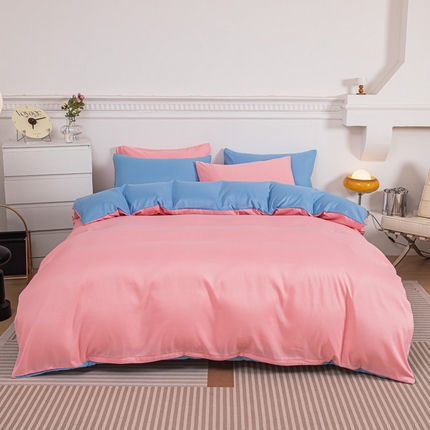 莎臣豹 2025新款水洗棉磨毛纯色双拼简约风撞色单品被套 公主粉爱上天空蓝