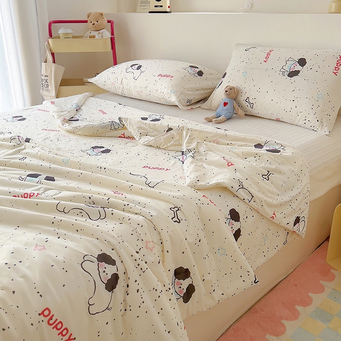 91家纺网 家纺一手货源 找家纺 木堇家居 2024新款10%大豆纤维针织棉夏被 斑点狗狗