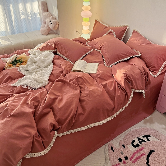 91家纺网 家纺一手货源 找家纺 千朵 2024新款全棉水洗棉四件套 胭脂红