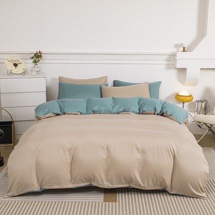 莎臣豹 2025新款水洗棉磨毛纯色双拼简约风撞色单品被套 卡其爱上豆绿