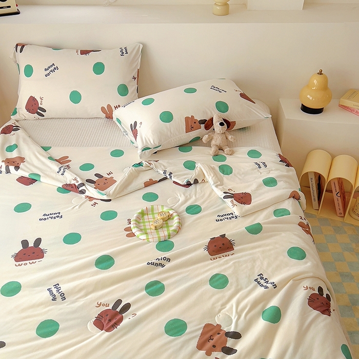 91家纺网 家纺一手货源 找家纺 木堇家居 2024新款10%大豆纤维针织棉夏被 波点兔