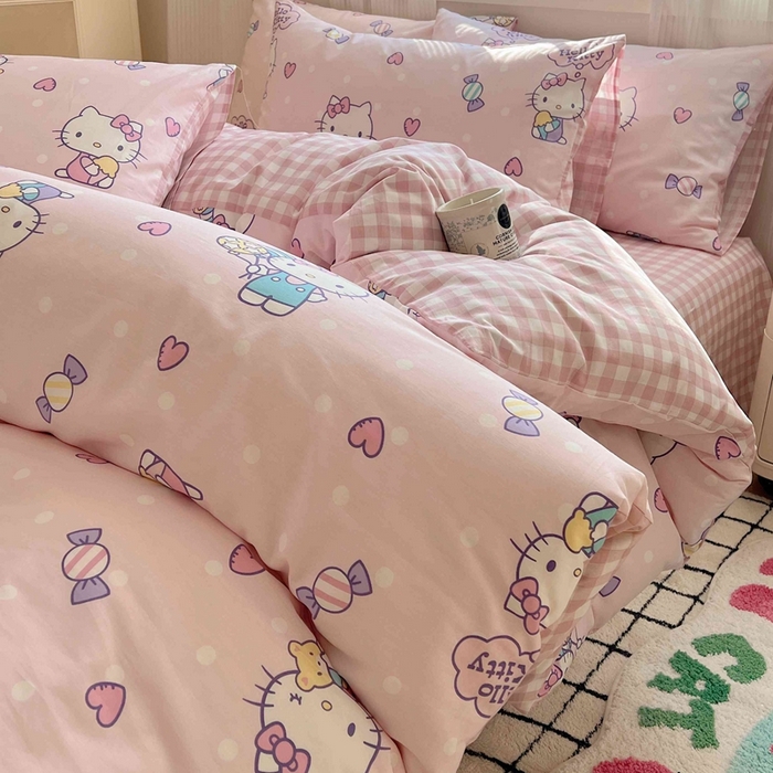 91家纺网 家纺一手货源 找家纺 星座家纺 2025新款40s全棉卡通印花四件套 甜心kt 粉