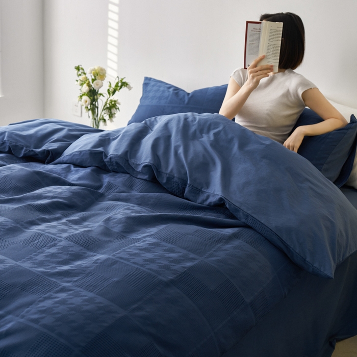 91家纺网 家纺一手货源 找家纺 AB家纺 2024新款全棉华夫格四件套 千鸟格-蔚蓝