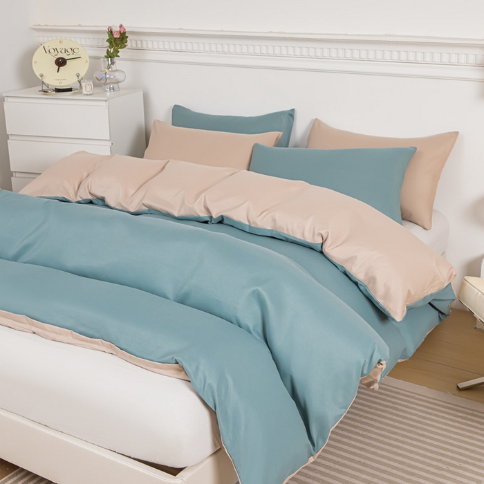 91家纺网 家纺一手货源 找家纺 莎臣豹 2025新款水洗棉磨毛纯色双拼简约风撞色单品被套 豆绿爱上卡其