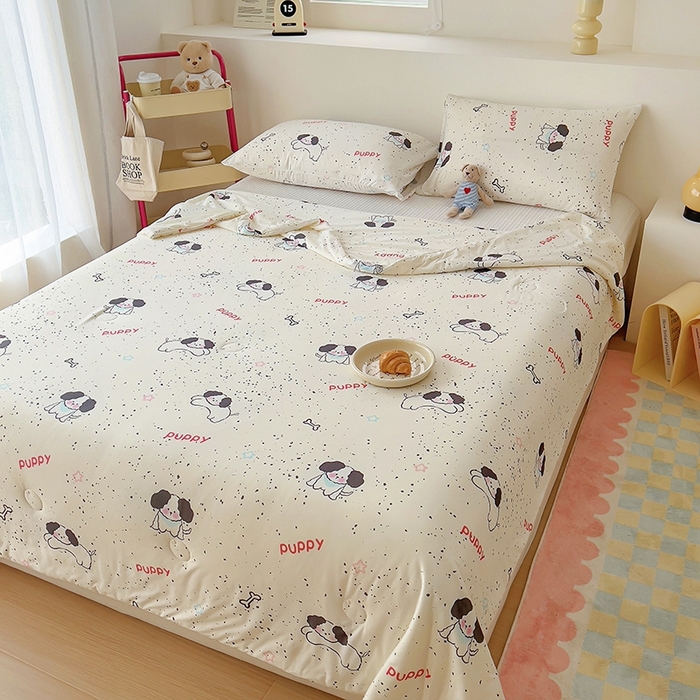 91家纺网 家纺一手货源 找家纺 木堇家居 2024新款10%大豆纤维针织棉夏被 斑点狗狗