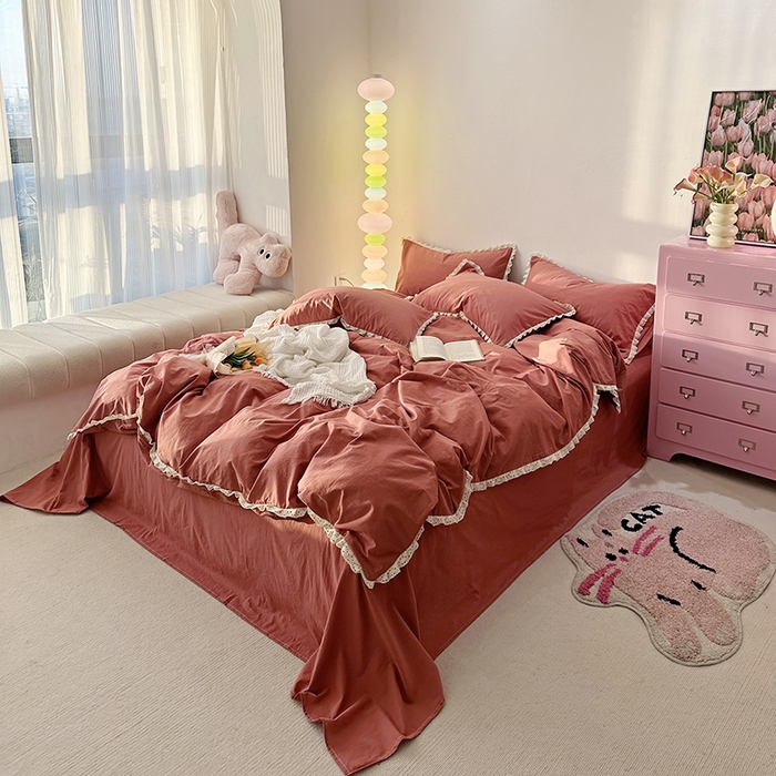 91家纺网 家纺一手货源 找家纺 千朵 2024新款全棉水洗棉四件套 胭脂红