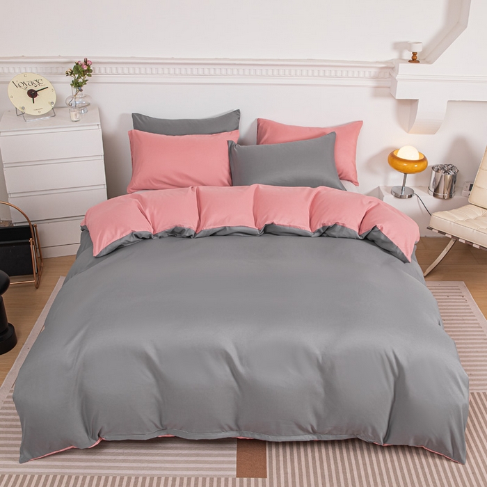 91家纺网 家纺一手货源 找家纺 莎臣豹 2025新款水洗棉磨毛纯色双拼简约风撞色单品被套 浅灰爱上甜豆沙