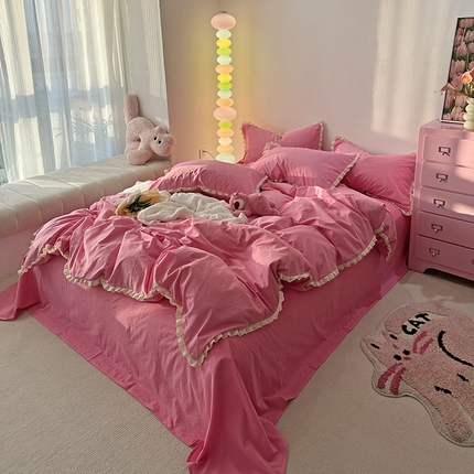 91家纺网 家纺一手货源 找家纺 千朵 2024新款全棉水洗棉四件套 冰激凌粉