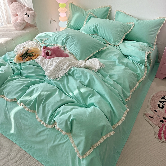 91家纺网 家纺一手货源 找家纺 千朵 2024新款全棉水洗棉四件套 薄荷绿