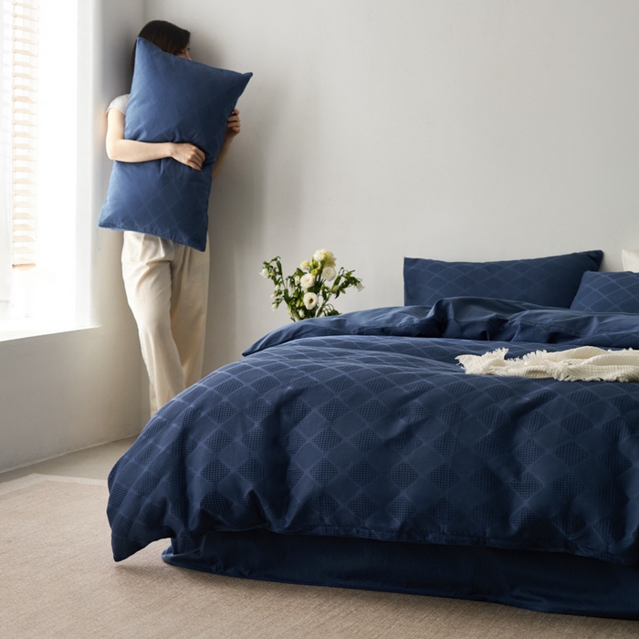 91家纺网 家纺一手货源 找家纺 AB家纺 2024新款全棉华夫格四件套 菱形格-蔚蓝