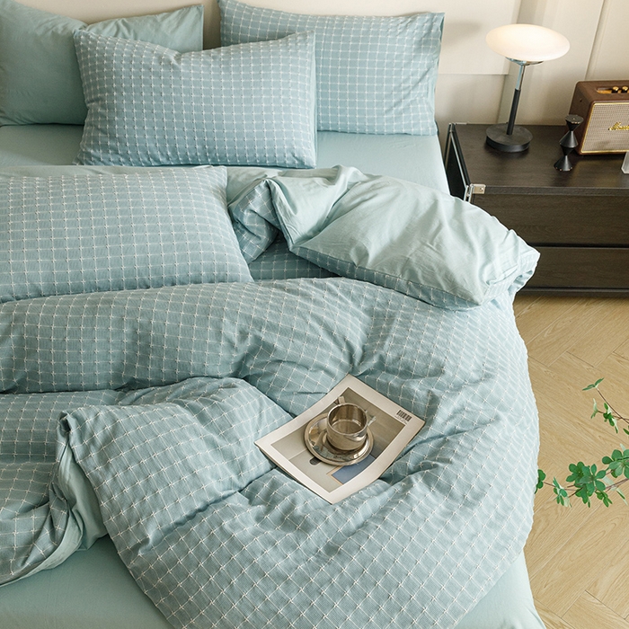 91家纺网 家纺一手货源 找家纺 蜜柚 2024新款全棉色织水洗提花四件套 星空兰