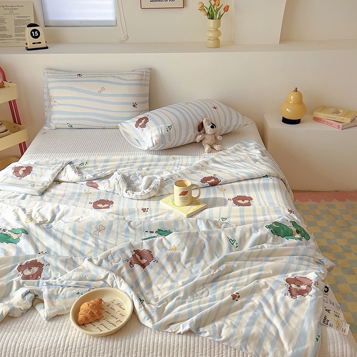 91家纺网 家纺一手货源 找家纺 木堇家居 2024新款10%大豆纤维针织棉夏被 爱心狗狗