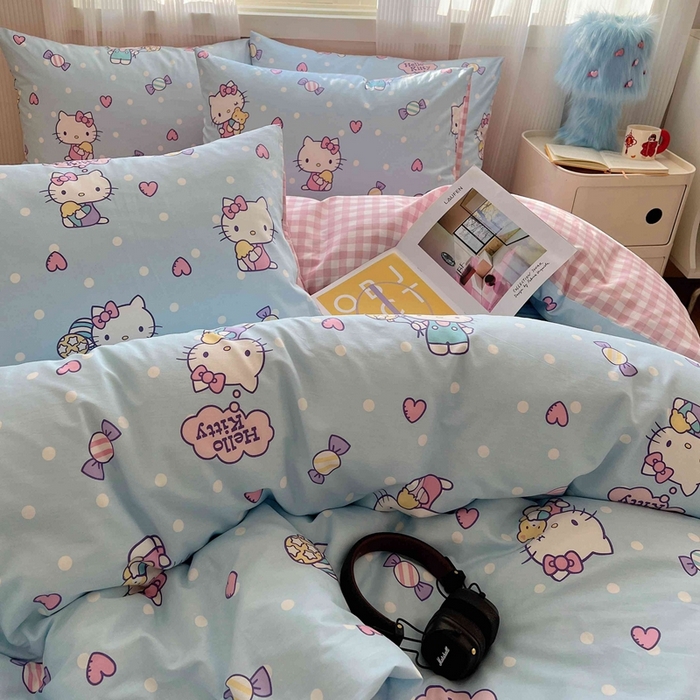 91家纺网 家纺一手货源 找家纺 星座家纺 2025新款40s全棉卡通印花四件套 甜心kt蓝