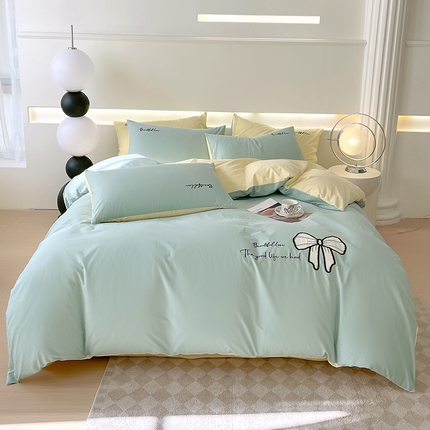 91家纺网 家纺一手货源 找家纺 拼社 母婴及全棉水洗棉刺绣贴布绣四件套纯棉床上用品 水绿+米黄