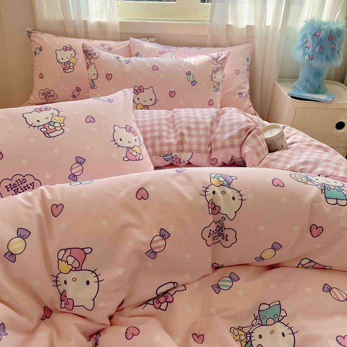 91家纺网 家纺一手货源 找家纺 星座家纺 2025新款40s全棉卡通印花四件套 甜心kt 粉