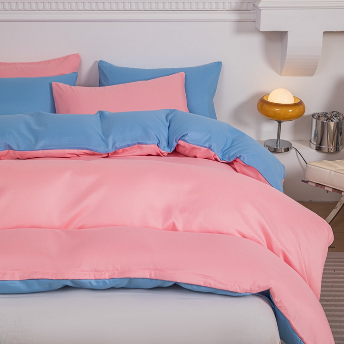 91家纺网 家纺一手货源 找家纺 莎臣豹 2025新款水洗棉磨毛纯色双拼简约风撞色单品被套 公主粉爱上天空蓝