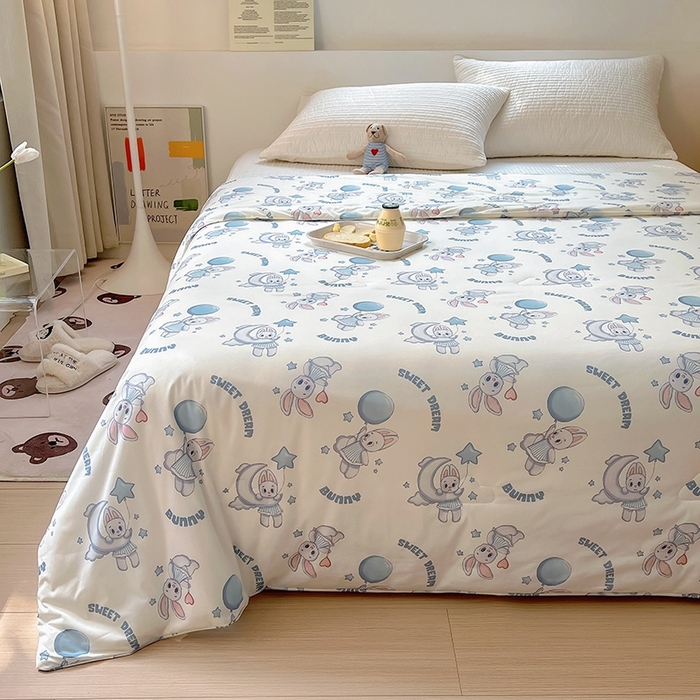 91家纺网 家纺一手货源 找家纺 木堇家居 2024新款10%大豆纤维针织棉夏被 晚安兔兔