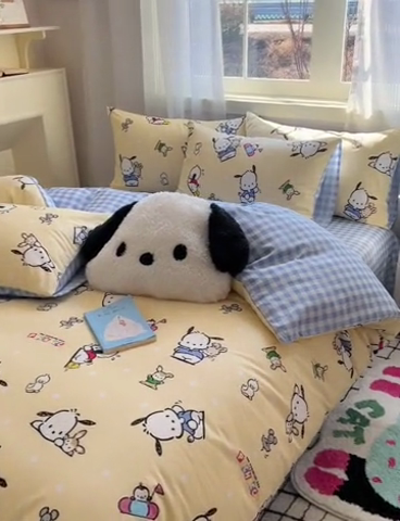 91家纺网 家纺一手货源 找家纺 星座家纺 2025新款40s全棉卡通印花四件套 格子帕恰狗