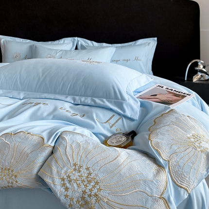 你好美丽 2025新款水洗棉花韵刺绣四件套 花韵蓝