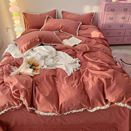 千朵 2024新款全棉水洗棉四件套 胭脂红