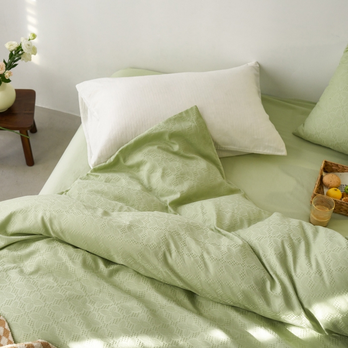 91家纺网 家纺一手货源 找家纺 AB家纺 2024新款全棉华夫格四件套 四叶草-新芽绿