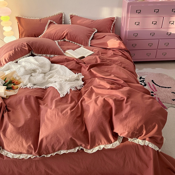 91家纺网 家纺一手货源 找家纺 千朵 2024新款全棉水洗棉四件套 胭脂红