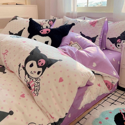 星座家纺 2025新款40s全棉卡通印花四件套 粉波点库洛米