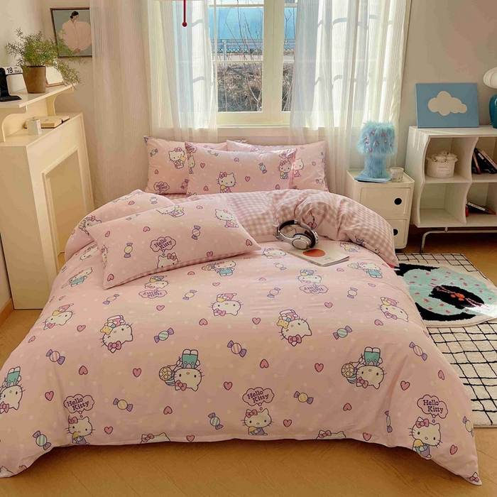 91家纺网 家纺一手货源 找家纺 星座家纺 2025新款40s全棉卡通印花四件套 甜心kt 粉