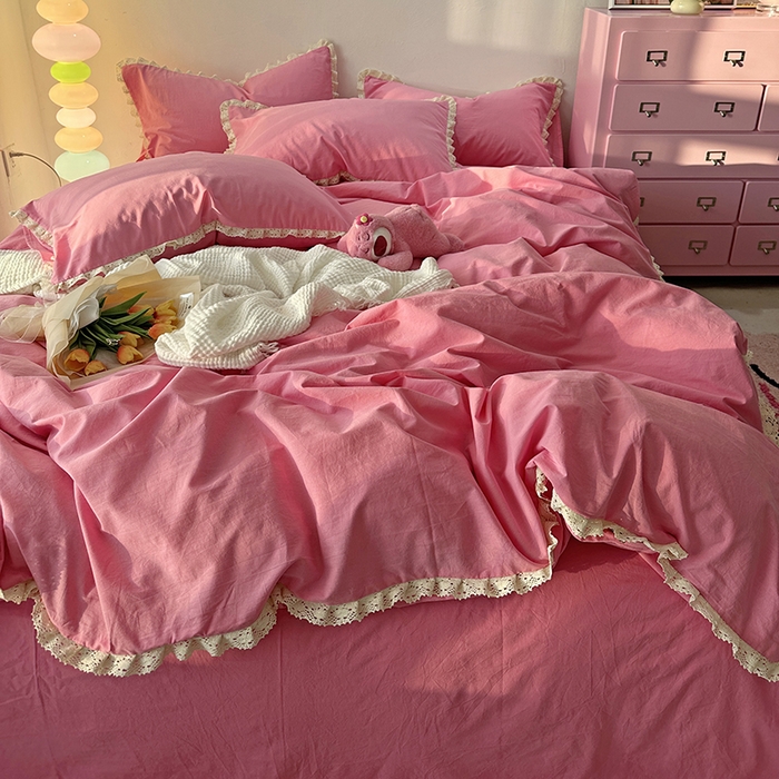 91家纺网 家纺一手货源 找家纺 千朵 2024新款全棉水洗棉四件套 冰激凌粉