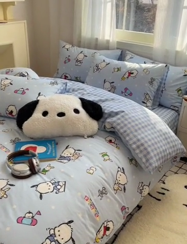 91家纺网 家纺一手货源 找家纺 星座家纺 2025新款40s全棉卡通印花四件套 蓝色帕恰狗