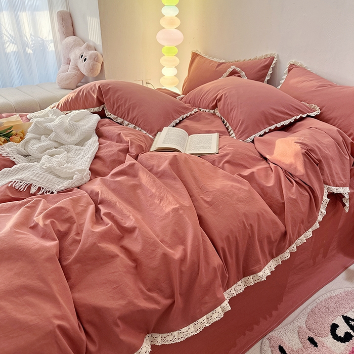 91家纺网 家纺一手货源 找家纺 千朵 2024新款全棉水洗棉四件套 胭脂红