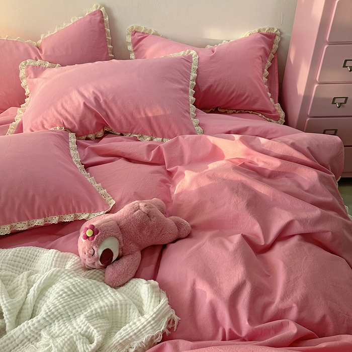 91家纺网 家纺一手货源 找家纺 千朵 2024新款全棉水洗棉四件套 冰激凌粉