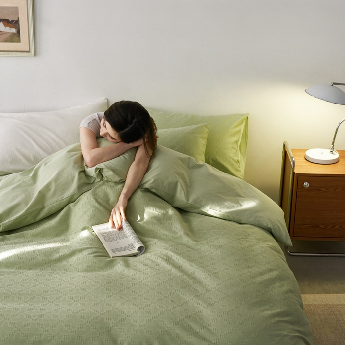 91家纺网 家纺一手货源 找家纺 AB家纺 2024新款全棉华夫格四件套 四叶草-新芽绿