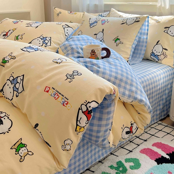 91家纺网 家纺一手货源 找家纺 星座家纺 2025新款40s全棉卡通印花四件套 格子帕恰狗