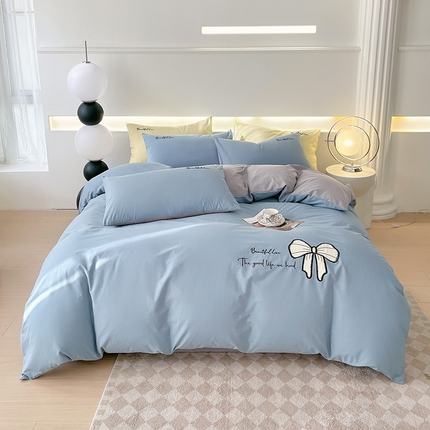 91家纺网 家纺一手货源 找家纺 拼社 母婴及全棉水洗棉刺绣贴布绣四件套纯棉床上用品 梵星蓝+迷雾灰