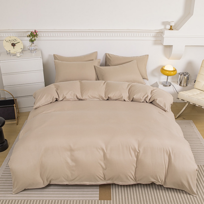 91家纺网 家纺一手货源 找家纺 莎臣豹 2025新款水洗棉磨毛纯色双拼简约风撞色单品被套 卡其